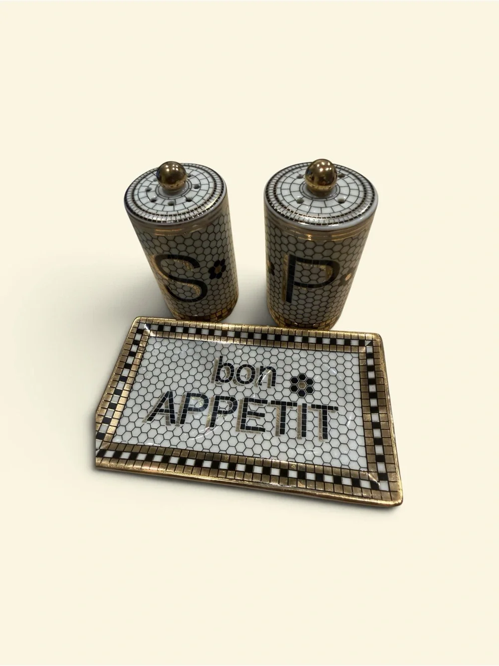 Anthropologie Bistro Tile Salt & Pepper Shaker Set with Tray